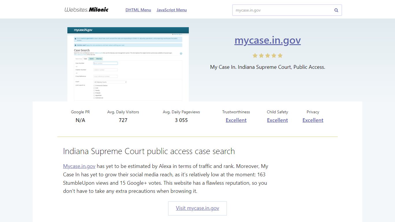 Mycase.in.gov website. Indiana Supreme Court public access ... - Milonic